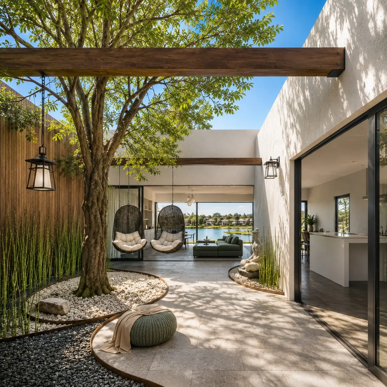 Patio interior con jardín y árbol