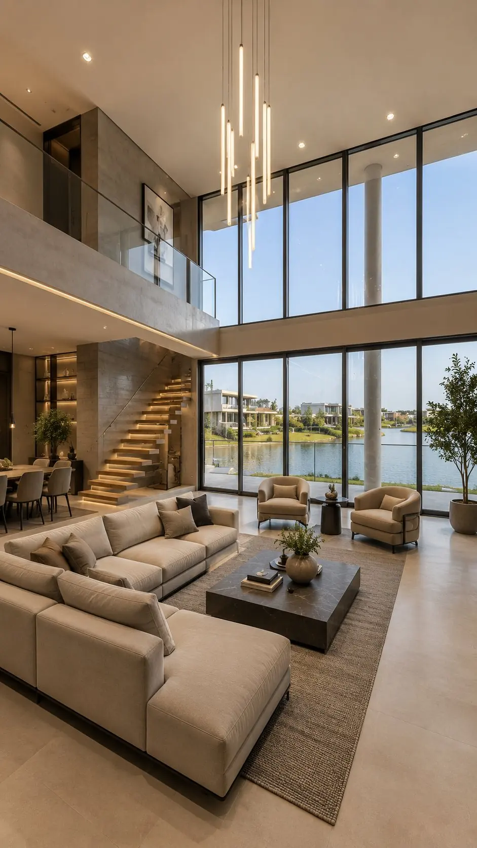 Living de doble altura con vista al lago